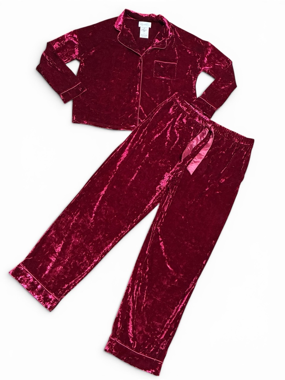 Lord & Taylor Large Pajama Set Velvet Crushed Velveteen Red Sleep Lounge Velour - Picture 3 of 14
